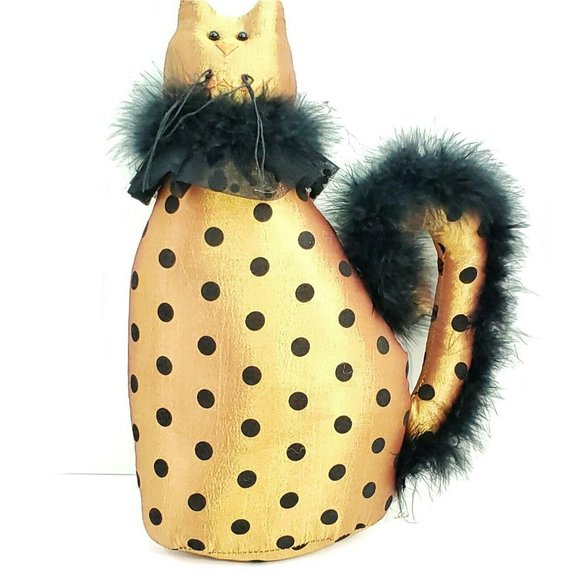 Plush 12" Cat Gold Black Polka Dot Faux Fur Feline embroidery Plump Shiny - Picture 3 of 12